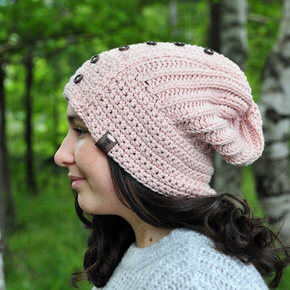 Handmade Blush Pink Hat with Buttons, Crochet Toque Made in Canada - Picture 2 of 5